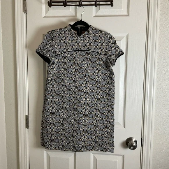 ZARA BASIC SIZE SMALL S BLUE HIGH NECK JACQUARD SHORT SLEEVE MINI CASUAL DRESS - Picture 2 of 11